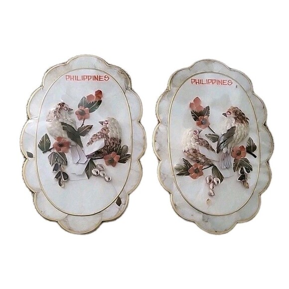 2 Vintage Capiz Shell Scalloped Seashell Art Birds Floral Phillipines Sealed GUC - Picture 4 of 11
